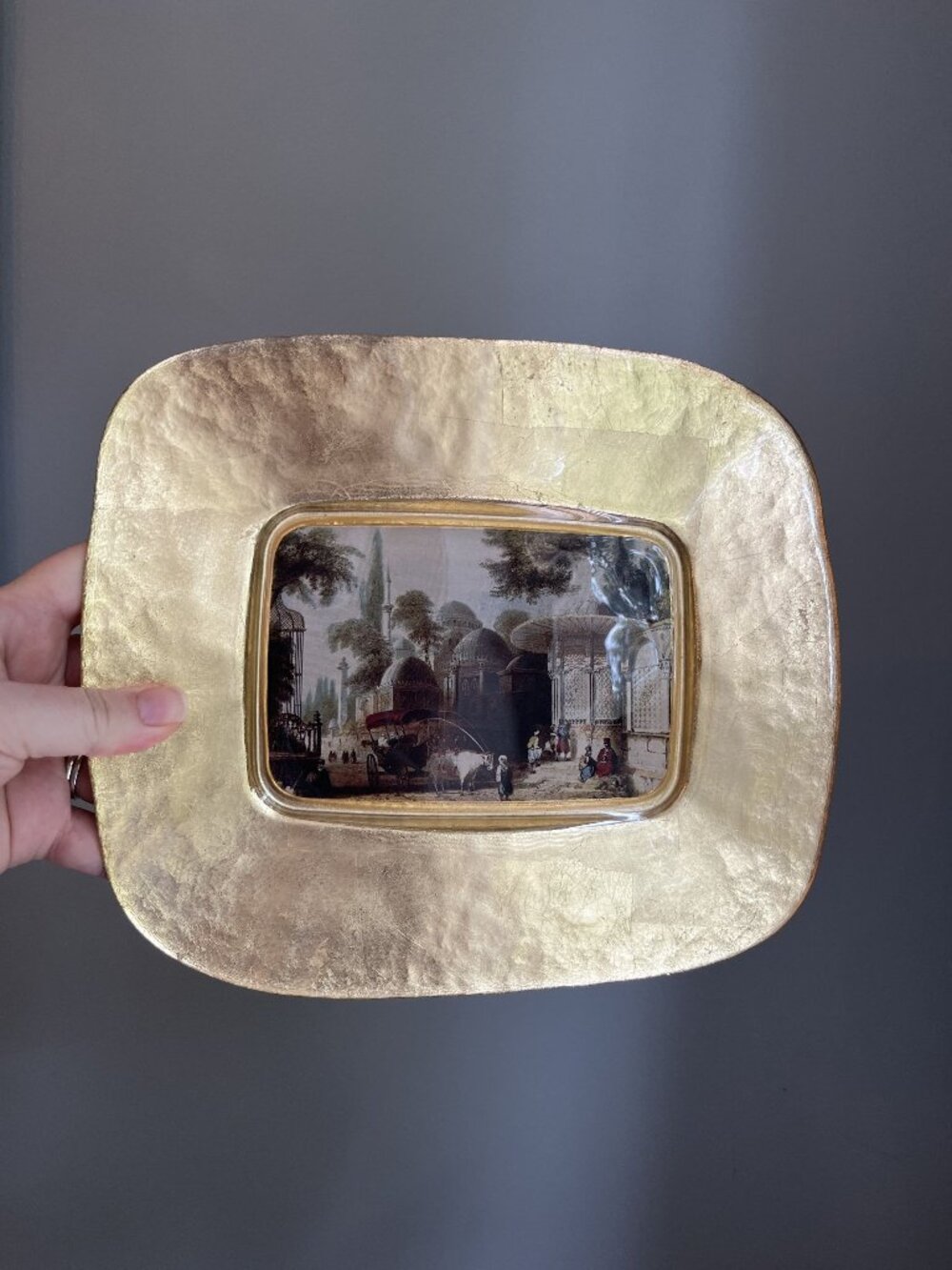 Pasabahce Gold Plated Sehzade Mosque Art Glass Tray With Ottoman Scene Design